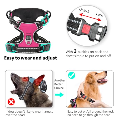 No Pull Dog Harness, No Choke Front Lead Dog Reflective Harness, Adjustable Soft Padded Pet Vest with Easy Control Handle for Small Medium Large Dogs, M - color: Lock-Rosy, size: Medium (Pack of 1)
