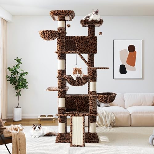 Allewie 81 Inches Tall Cat Tree/Multi-Level Large Climbing Tree House and Towers for Big Feline/Condo and Hammock/Scratching Post/Wide Base/Leopard Print - color: Leopard Print