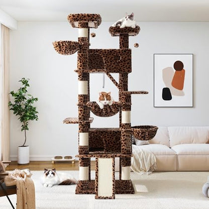 Allewie 81 Inches Tall Cat Tree/Multi-Level Large Climbing Tree House and Towers for Big Feline/Condo and Hammock/Scratching Post/Wide Base/Leopard Print - color: Leopard Print