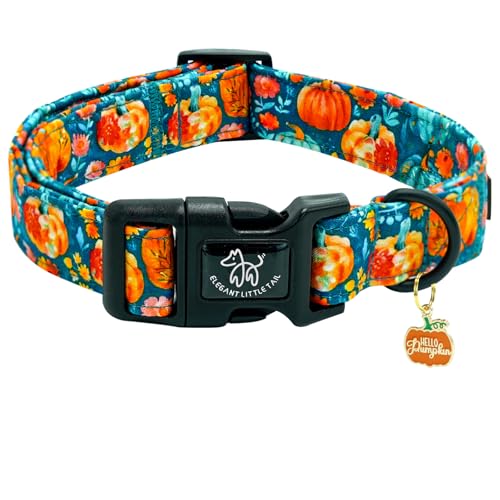 Elegant little tail Halloween Dog Collar, Pumpkin with Flower Print Blue Fall Pet Collars Cotton Soft Sturdy Puppy Collars Holiday Female Adjustable Collar for X-Small Puppy - color: Fall-Blue Pumpkin, size: X-Small (Pack of 1)