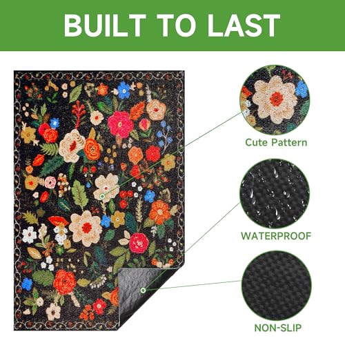 Cat Litter Mat, 24" x 16" Litter Box mat, Traps 100% Litter, Non-Slip Kitty Litter Trapping mats, Small Cute Litter mat, Easy Clean for Scatter Control, Bohe cat Food mat, Urine Waterproof - color: Black Garden, size: Small（24"x16"）