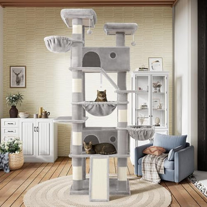 SHA CERLIN 81in Multi-Level Tall Cat Tree Tower for Indoor Kitties/Larger Cat Condo Furniture with Hammock/Cozy Pussycat Perches/Sisal Scratching Posts/Pet House/Wide Base/Grey - color: Grey