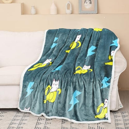 Catalonia Banana Cat Print Sherpa Fleece Throw Blanket, Soft Mink Plush Couch Blanket, Fuzzy Fluffy Comfy Warm Throws, Comfort Caring Gift, 50x60 inches - color: Banana Cat Grey, size: 50"x60"