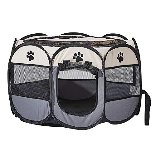 Foldable Pet Dog Playpen, Pop Up Portable Cat Playpen, Indoor/Outdoor for Kitten Puppy Play Pen, Cats Crate Tent with Carrying Bag, 600D Oxford (Beige + Grey, Large, 8) - color: Beige + Grey