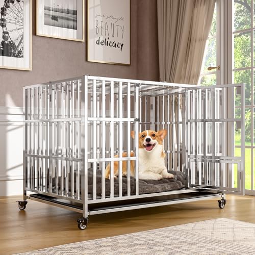 Holiwei 42" Heavy Duty Dog Crate, Escape Proof Stainless Steel Dog Kennel with Top Opening, 4 Lockable Wheels, Easy Clean Metal Dog Cage for Large/High Anxiety Dogs - size: 42.5"L x 27.6"W x 31.5"H