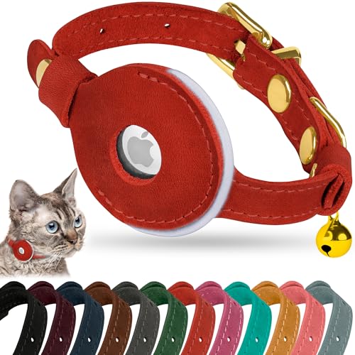OOPSDOGGY Reflective Leather AirTag Cat Collar with Bell - Non Breakaway Adjustable Pet Collar with Apple Air Tag Holder - Lightweight GPS Kitten Collars for Small Dogs Puppy (Red) - color: Red
