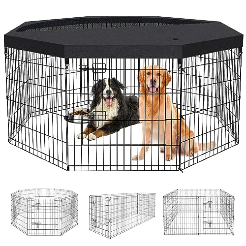 Dog Pen Pet Playpen Dog Fence Indoor Foldable Metal Wire Exercise Puppy Play Yard Pet Enclosure Indoor Outdoor 8 Panels 30 Inch with Bottom Pad/Top Cover(Black 30 top Cover) - style: Playpen + top cover