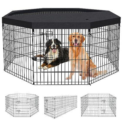 Dog Pen Pet Playpen Dog Fence Indoor Foldable Metal Wire Exercise Puppy Play Yard Pet Enclosure Indoor Outdoor 8 Panels 30 Inch with Bottom Pad/Top Cover(Black 30 top Cover) - style: Playpen + top cover