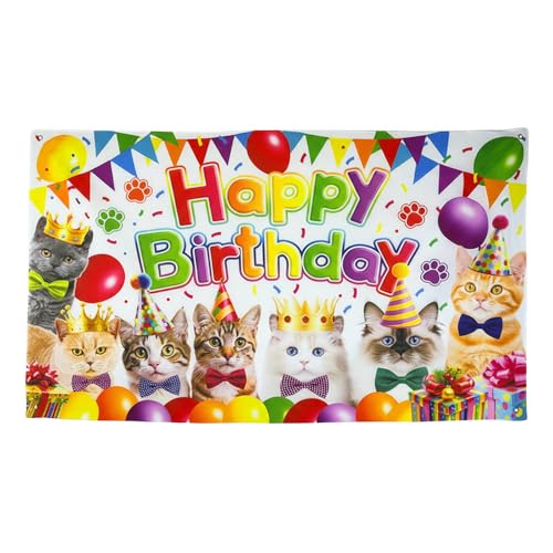 Cat Birthday Backdrop 5.9×3.6ft – Colorful Kitten Faces Polyester Fabric, Washable Photo Background, Indoor Reusable Party Decoration for Cats & Kids - size: Cat Birthday Backdrop