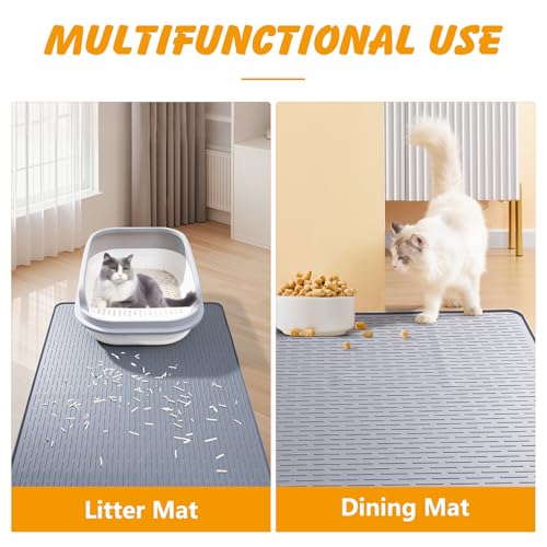 Silicone Cat Litter Mat, 34x22 in Waterproof Litter Box Mat Cats Feeding Mats with Raised Edges, Quick Clean Desig (Grey) - size: 34"L x 22"W
