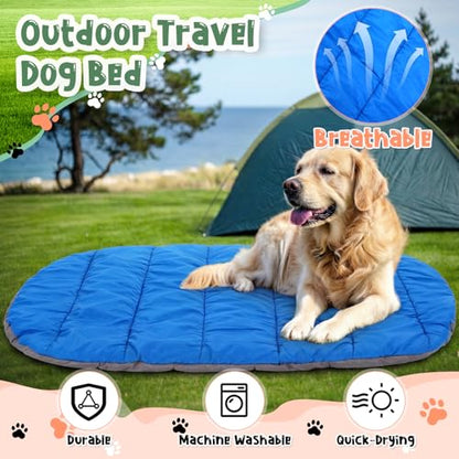4 Pcs Dog Camping Essentials Set Include 1 Pack 39.4 x 29.5 Inch Foldable Dog Bed 2 Pcs Portable Collapsible Dogs Bowls 1 Pack 50 ft Heavy Duty Pet Tie Out Cable for Camping Travel Outdoor Activities
