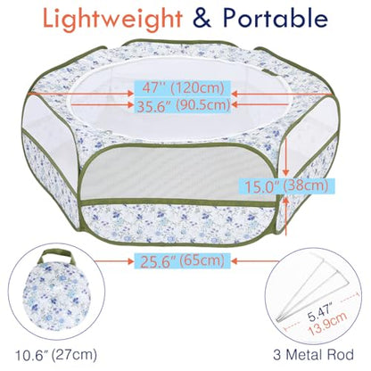 Pawaboo Small Animals Playpen, Waterproof Small Pet Cage Tent with Zippered Cover, Portable Outdoor Yard Fence with 3 Metal Rod for Chick/Kitten/Puppy/Guinea Pig/Rabbits/Hamster, Blue + White Flower - color: T-Blue + White Flower