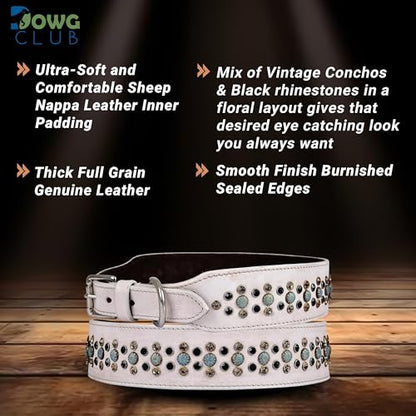 Genuine Leather ‘Cupola’ Series White Dog Collar | Rhinestone | Soft, Cushion Padding, Handmade | Best for Medium, Large, XL Breeds (M (Neck Size 14.5"-18.5"), White, Antique Copper Conchos) - color: White, Antique Copper Conchos, size: M (Neck Size 14.5"