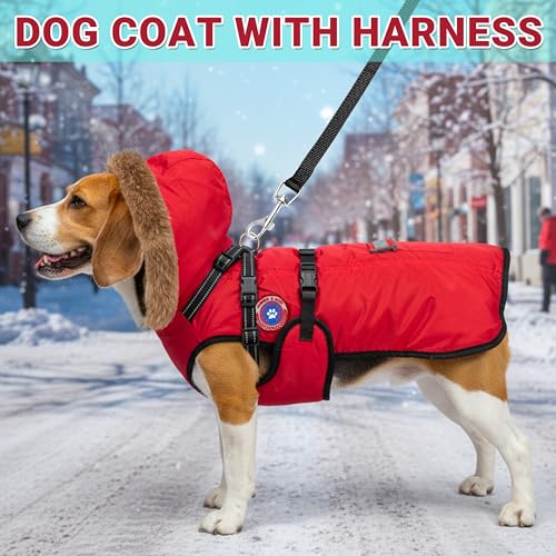 PAWNISAW Dog Winter Coat with Harness Built in, Warm Thick Plush Hooded Dog Snow Jacket for Cold Weather, Windproof Reflective Pet Clothes Outfit for Small, Medium, Large, XL & XXL Dogs Outdoor - color: Red