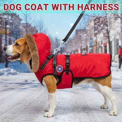 PAWNISAW Dog Winter Coat with Harness Built in, Warm Thick Plush Hooded Dog Snow Jacket for Cold Weather, Windproof Reflective Pet Clothes Outfit for Small, Medium, Large, XL & XXL Dogs Outdoor - color: Red