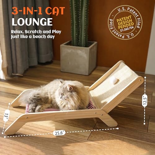 PETKARAY Beach Chair Cat Hammock, Elevated Cat Beds for Indoor Cats, Original Cozy Lounger with Sisal Scratcher and Toy Ball - color: Red