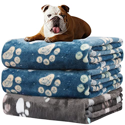 Rezutan Dog Blankets for Medium Pet, 3 Pack Blanket Fuzzy Cat Blankets Washable, Soft Comfort Flannel, Reversible Dog Paw Print, Gifts Puppy Essentials, 30 x 20 inch, 2Blue & 1Gray - color: Blue 2pack+ Gray 1pack, size: Medium,30x20Inch