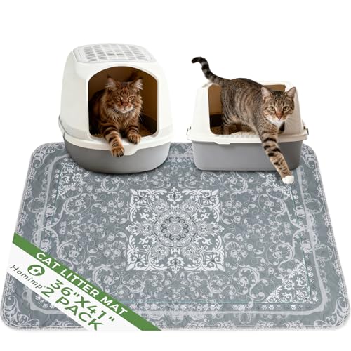 Cat Litter Mat, Litter Trapping Mat 2 Pack, Contains Mess from Box, Protects Floors,Urine Waterproof,Non-slip,Less Waste Cat Litter Box Mat,Soft on Kitty’s Paws,Washable,Absorbent,Grey 36"X41" - color: Grey, size: 36"x41"(Pack of 2)