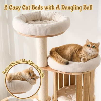 Modern Cat Tree Tower with Scratching Post, 61.5in Tall Cat Tree for Indoor Cats, Multi-Level Solid Wood Cat Furniture with Cozy Cat Beds, Condo, Hammock, Capsule Nest, Turntable Toy, Natural - color: 61.5"-V-Natural