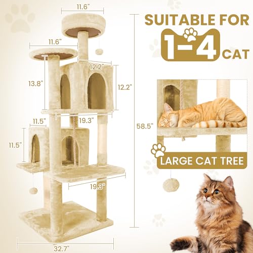 58.5inch Large Cat Tree Tower Condo for Indoor Cats, Soft Plush Multi-Level Climbing Tree Cat House, Scratching Post, More Entrance/Exit, Sisal Rope, Beige Almond - color: Beige Almond