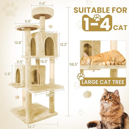 58.5inch Large Cat Tree Tower Condo for Indoor Cats, Soft Plush Multi-Level Climbing Tree Cat House, Scratching Post, More Entrance/Exit, Sisal Rope, Beige Almond - color: Beige Almond