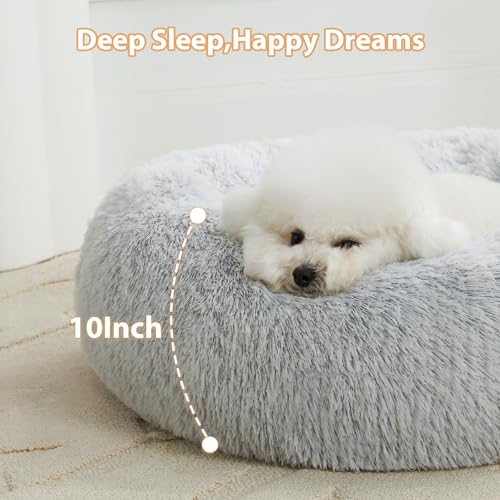 WNPETHOME Calming Dog Bed Cat Bed Donut, Faux Fur Pet Bed Self-Warming Donut Cuddler, Comfortable Round Plush Dog Beds (27 x 27 Inch, Light Grey) - color: light grey, size: 27"L x 27"W x 10"Th