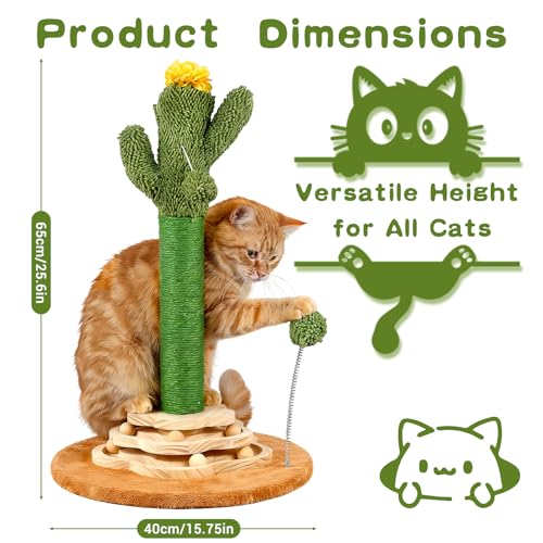 Cactus Cat Scratching Post Cat Tree, Cute Cat Scratching Post with Interactive Ball Two-Layer Track Spring Ball Toys, Standing Sisal Cactus Cat Scratcher for Indoor Cats and Kittens