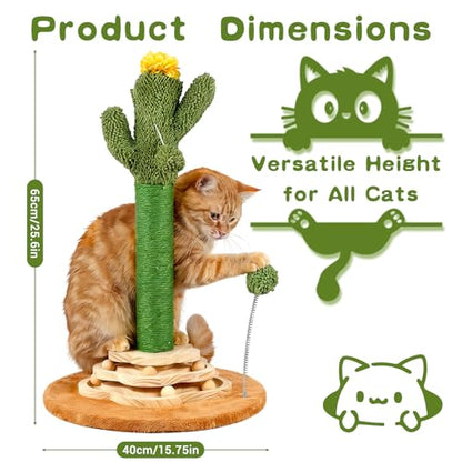 Cactus Cat Scratching Post Cat Tree, Cute Cat Scratching Post with Interactive Ball Two-Layer Track Spring Ball Toys, Standing Sisal Cactus Cat Scratcher for Indoor Cats and Kittens