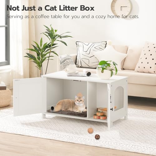 HOOBRO Litter Box Enclosure, Cat Litter Box Furniture with Removable Divider, Large Hidden Litter Box Furniture, Wooden Cat House, End Side Table, 31" L x 17.5" W x 19.7" H, White WT03MW01G2 - color: White