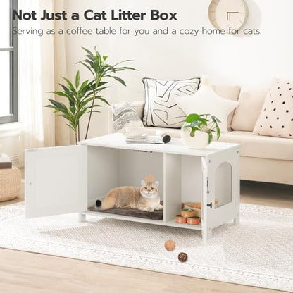 HOOBRO Litter Box Enclosure, Cat Litter Box Furniture with Removable Divider, Large Hidden Litter Box Furniture, Wooden Cat House, End Side Table, 31" L x 17.5" W x 19.7" H, White WT03MW01G2 - color: White