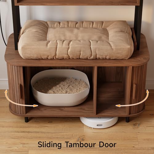 ONBRILL 54 Inch Hidden Litter Box Furniture with Shelves and Outlets,Fluted Cat Litter Box Enclosure, Mid-Century Modern Wooden Cat House with Sliding Tambour Door and Hooks, Walnut - color: Walnut