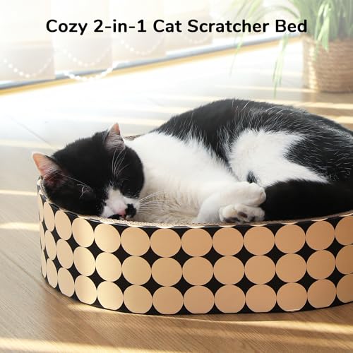 FUKUMARU Cardboard Cat Scratcher Bed, 2-in-1 Oval Cat Scratch Pad, Cats Scratching Board Lounge Bed Indoor, Durable Modern Kitty Scratcher Bowl, Cats Scratch Furniture Protector, Polka Dot - color: Polka Dot