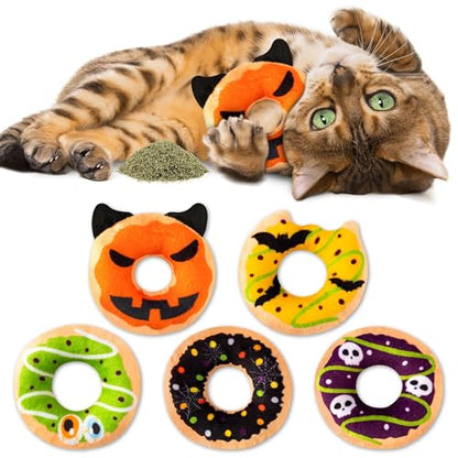 Summer Catnip Cat Toys - 5Pcs Pet Days Donut Catnip Stuffed Kittens Supplies, Funny Pumpkin Bat Spider Dessert Pet Toys, Fun Cats Chew Bite Teething Tool Catmint Birthday Interactive Supplies - style: Halloween Donut