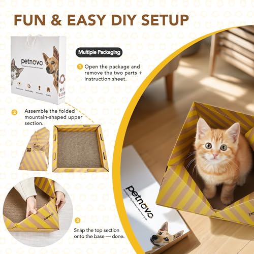 Foldable Cardboard Cat House & Bed for Indoor Cats – Origami Cat Cardboard Hideaway with Honeycomb Scratcher Pad, Collapsible Travel-Ready, FSC-Certified, Silver Award Winner, Yellow - color: Yellow