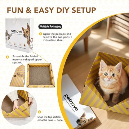 Foldable Cardboard Cat House & Bed for Indoor Cats – Origami Cat Cardboard Hideaway with Honeycomb Scratcher Pad, Collapsible Travel-Ready, FSC-Certified, Silver Award Winner, Yellow - color: Yellow