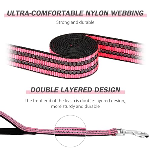 Hikiko 4 Foot Dog Leash with Two Handles Heavy Duty Double Handle Traffic Dog Leash Reflective Training Lead, Hot Pink - color: Hot Pink, size: 1 in x 4 ft
