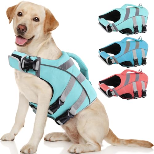 Kuoser Dog Life Jacket with Reflective Stripes, Dog Life Vest for Swimming Boating, Adjustable Pet Lifejackets with High Flotation, Doggie Swimsuit for Small Medium Large Dogs - color: LightGreen, size: Xs (Chest Girth:12.9-18.1'')