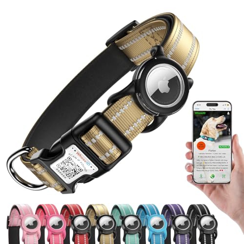 Reflective Dog Collar with AirTag Holder, Waterproof Dog Collar with QR Code, Heavy Duty Adjustable Pet Collar for Small Medium Large Dogs, Brown - color: Brown, size: XS