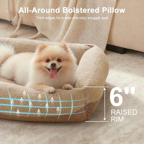 Washable Small Dog Bed, Rectangle Comfy Fluffy Kitten Puppy Bed, Removable Zipper Cover Machine Wash, Breathable Orthopedic Bed Durable Pet Cuddler with Anti-Slip Bottom, 20x19x6 in, Beige - color: Beige, size: S(20"x19"x6”)