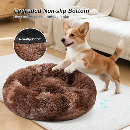 Calming Donut Dog Bed for Small to Medium Dogs & Cats - Plush Faux Fur Anti-Anxiety Pet Bed with Machine Washable Cover & Non-Slip Base - color: Bandhnu Dark coffe, size: X-Small 15.7''