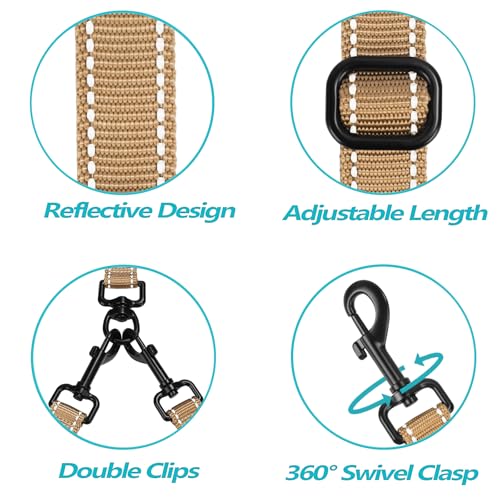Double Dog Leash, No Tangle Dual Leash, Reflective Walking Training Lead, 4 Comfortable Padded Handles for 2 Dogs with Collapsible Bowl and Waste Bags (Light Khaki, Large) - color: Light Khaki