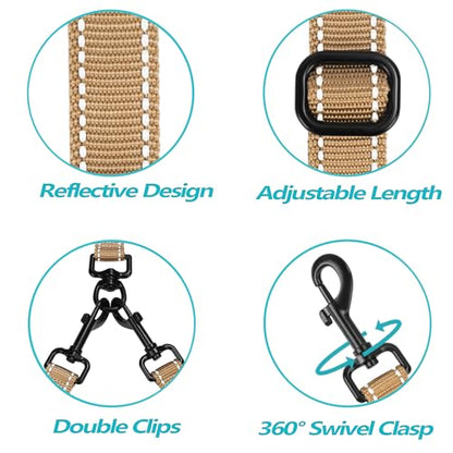 Double Dog Leash, No Tangle Dual Leash, Reflective Walking Training Lead, 4 Comfortable Padded Handles for 2 Dogs with Collapsible Bowl and Waste Bags (Light Khaki, Large) - color: Light Khaki
