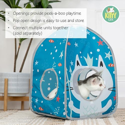 Kitty City Ocean-Themed Pop-Up Cat House, Collapsible Indoor Cat Hideout with Peekaboo Openings, Lightweight Foldable Cat Play Furniture for Play & Lounging - color: F) Ocean Cat Tent House