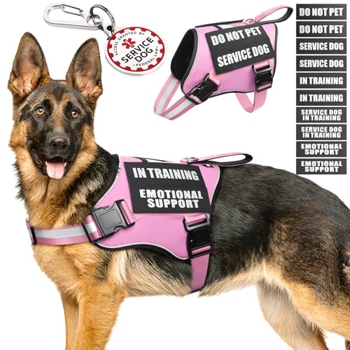 Service Dog Vest Harness+ID Tag+10 Patches,Metal Serivce Dog Tag&Reflective Emotional Support Dog Vest with Handle for Large Dogs,Easy Put On/Off for Training/Walking/Everyday Pink XL - color: Pink, size: XL