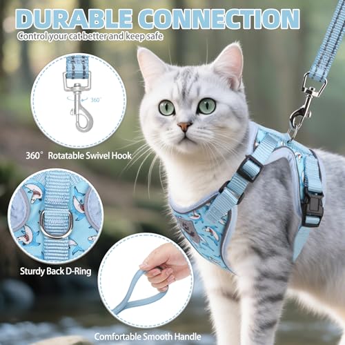 PUPTECK Cat Harness and Leash Set Escape Proof Reflective Cat Walking Harness Adjustable Soft Breathable Mesh Vest for Small Pets, Blue Sharks, S - color: Blue Sharks, size: S (NECK 9.5"-11", CHEST 13"-16")