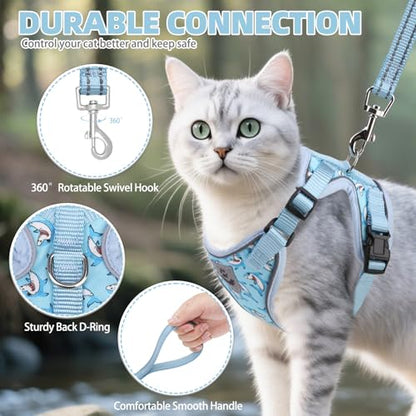 PUPTECK Cat Harness and Leash Set Escape Proof Reflective Cat Walking Harness Adjustable Soft Breathable Mesh Vest for Small Pets, Blue Sharks, S - color: Blue Sharks, size: S (NECK 9.5"-11", CHEST 13"-16")