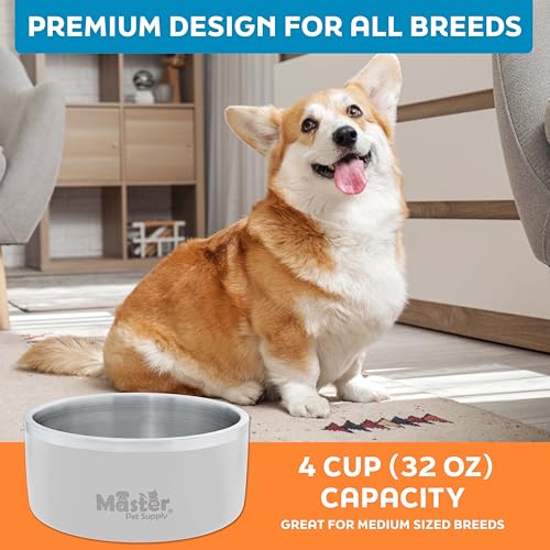 Master Pet Supply Stainless Steel Dog Bowls - 32 oz, Heavy Duty - Bone White, Double Wall Extra-Thick Insulated, Non-Slip Pet Water Bowl for Dogs, Cats & Pets, Anti Rust Metal, Dish Washer Safe - color: Bone White, size: 4 Cups (32 oz)