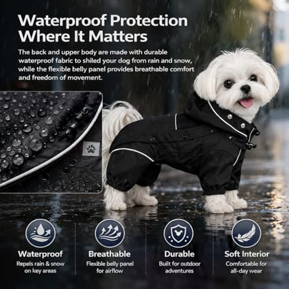 LOVELONGLONG Waterproof Dog Raincoat with Removable Hood – Outdoor Full Body Dog Jacket, Windproof Snowproof Shell Suit – All Season Pet Rain Gear Black XS - color: Black, size: XS (Back 10.5")