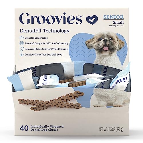 Groovies Gentle & Flexible Senior Dog Dental Chews, Contact-Cleaning Design Supporting Tartar Control & Fresh Breath, Oral Care Treats, USA Manufactured, Patented DentalFit Tech, XLarge Dogs, 4 Chews - size: Gravity Feed Box