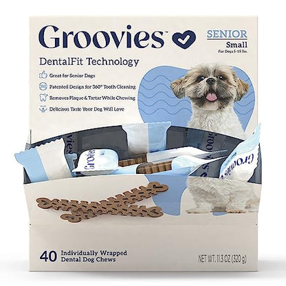 Groovies Gentle & Flexible Senior Dog Dental Chews, Contact-Cleaning Design Supporting Tartar Control & Fresh Breath, Oral Care Treats, USA Manufactured, Patented DentalFit Tech, XLarge Dogs, 4 Chews - size: Gravity Feed Box